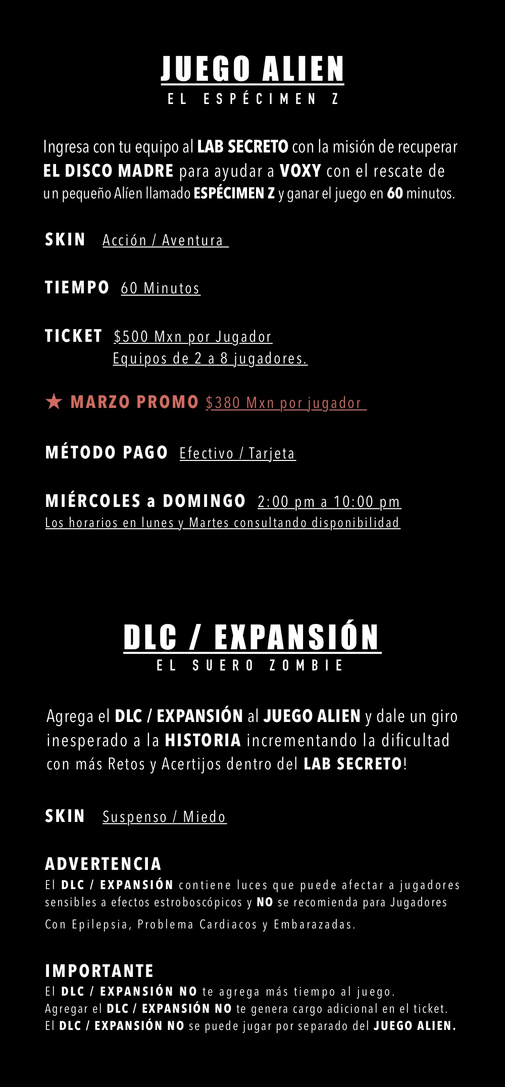 Escape Room X. Salas de Enigma Rooms inmersivas. Resuelve retos de destreza mental y habilidad en un tiempo maximo de 60 minutos. Para equipos de 2 a 7 jugadores. Horario Miercoles a Domingo 2:00 a 10:00